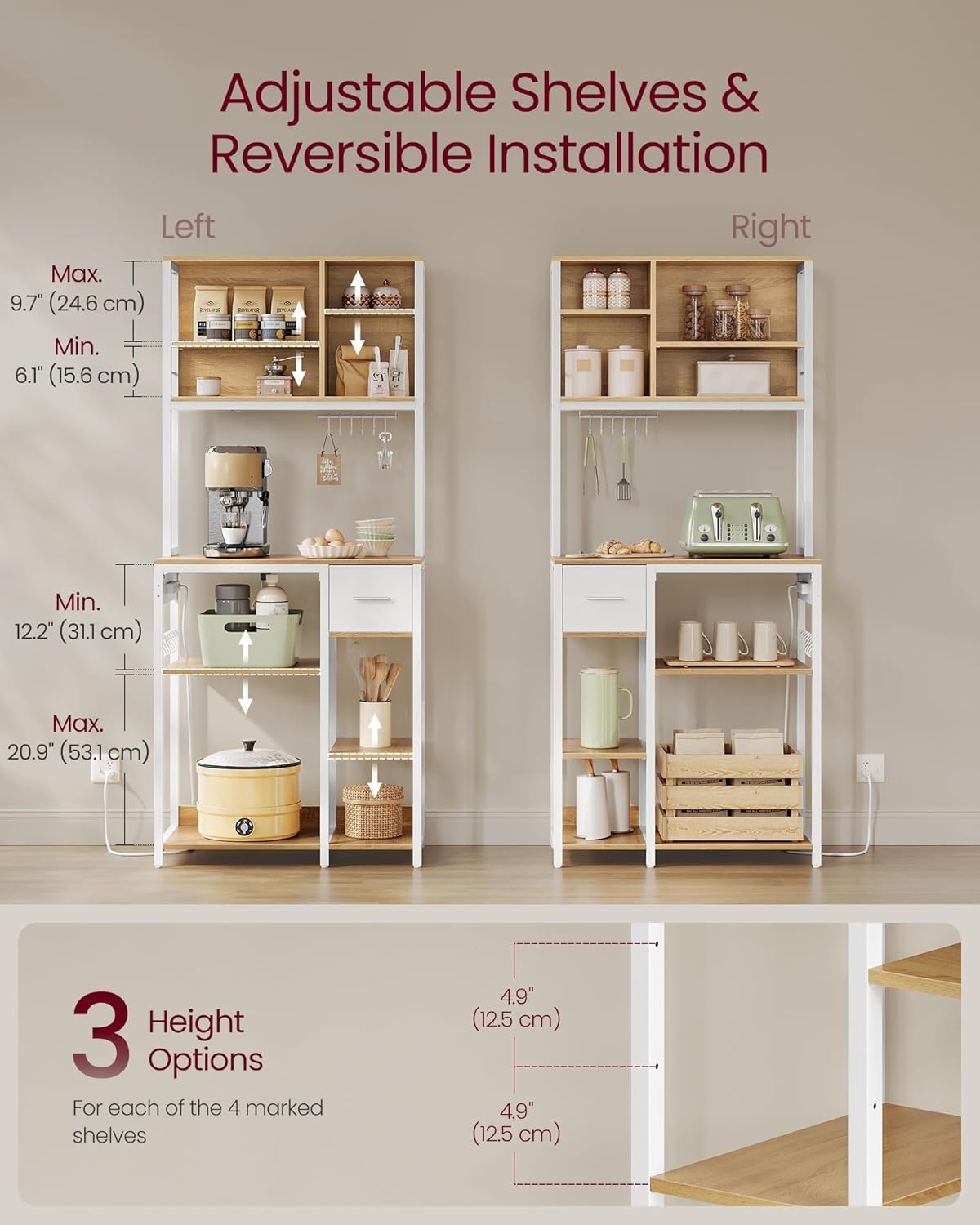 VASAGLE Bakers Rack with Charging Station, Coffee Bar with Adjustable Storage Shelves, Fabric Drawer, 12 Hooks, 15.7 x 31.5 x 71 Inches, Kitchen Microwave Stand, Golden Oak and Cloud White UKKS015Y03