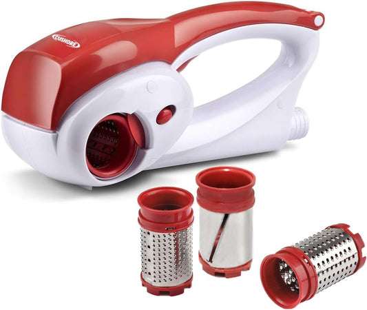 Electric Hard Cheese Grater, Model CES03D, Red, Stainless Steel, Automatic, Cordless, 3 Interchangeable Blades, Easy to Clean