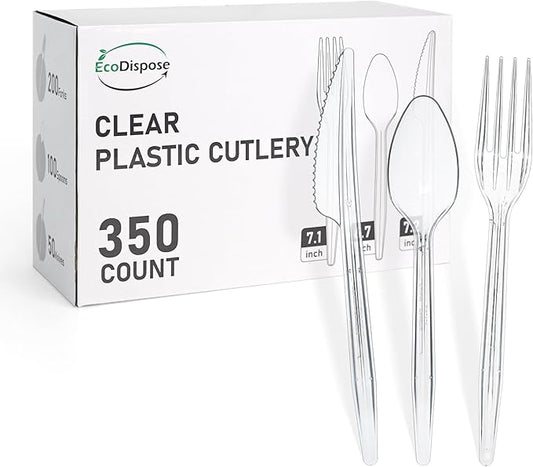 EcoDispose 350 Count Plastic Silverware, Heavy Duty Plastic 200 Forks. 100 Spoons, 50 Knives Disposable Utensils Cutlery Set for Party Supplies