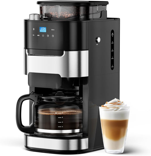 Joy Pebble 10-Cup Drip Coffee Maker with Built-In Grind, Grind & Brew, Touch-Screen Control, 1.5L Large Water Tank & Keep Warm Plate