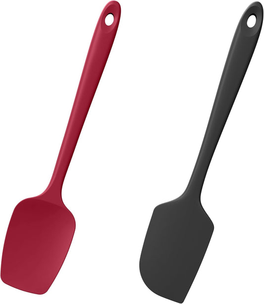 Doosu Silicone Scraper Spoon Spatulas, 600°F Heat Resistant BPA Free Rubber Flat Spatula, Kitchen Mixing Stirring Cooking Spoonula, Non-Stick Dishwasher Safe Baking Supplies (2 Pcs, Black+Red)