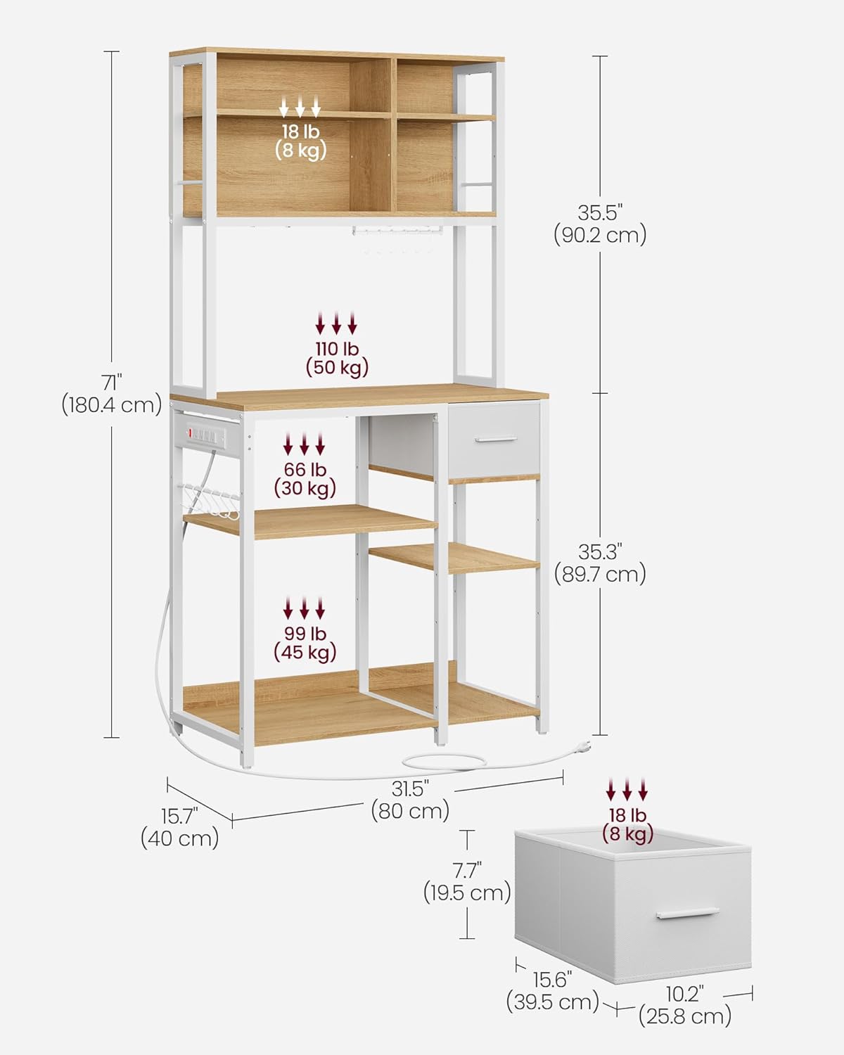 VASAGLE Bakers Rack with Charging Station, Coffee Bar with Adjustable Storage Shelves, Fabric Drawer, 12 Hooks, 15.7 x 31.5 x 71 Inches, Kitchen Microwave Stand, Golden Oak and Cloud White UKKS015Y03