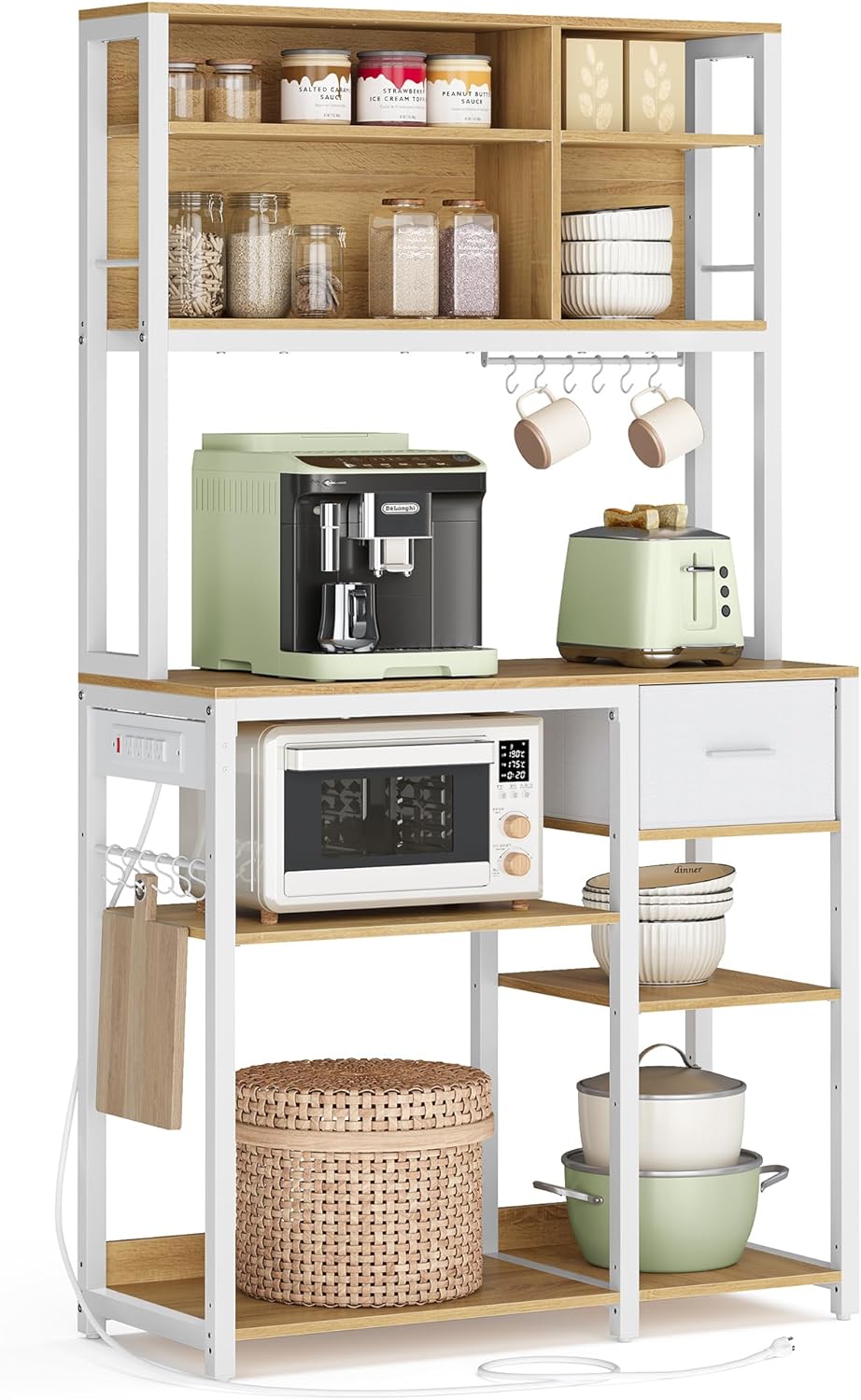 VASAGLE Bakers Rack with Charging Station, Coffee Bar with Adjustable Storage Shelves, Fabric Drawer, 12 Hooks, 15.7 x 31.5 x 71 Inches, Kitchen Microwave Stand, Golden Oak and Cloud White UKKS015Y03