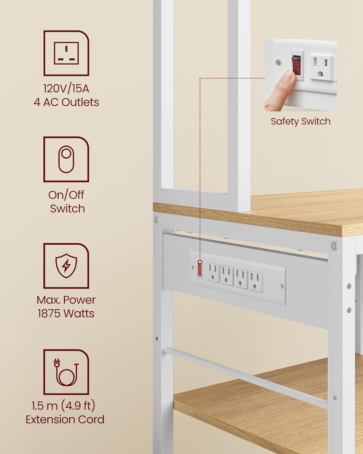 VASAGLE Bakers Rack with Charging Station, Coffee Bar with Adjustable Storage Shelves, Fabric Drawer, 12 Hooks, 15.7 x 31.5 x 71 Inches, Kitchen Microwave Stand, Golden Oak and Cloud White UKKS015Y03