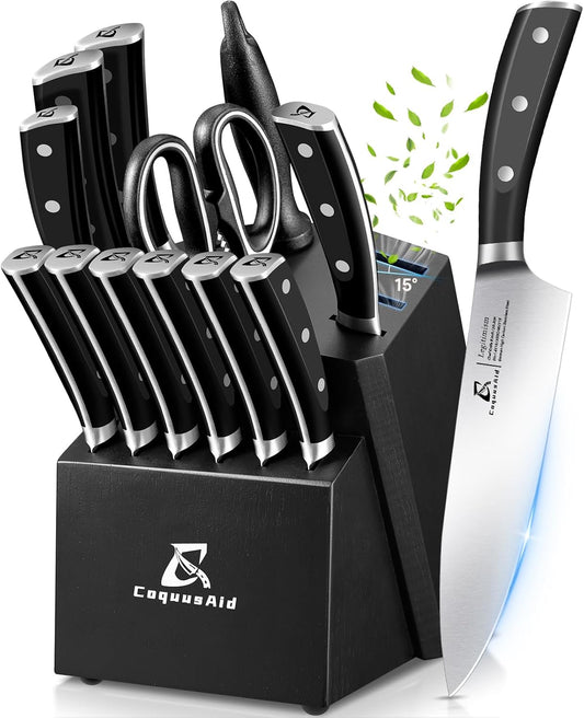 Knife Set, Kitchen Knife Block Sets with Sharpener, 6 Steak Knife Set Serrated with Block, 15 PCS Forged German Stainless Steel Rust Proof Knives, Dishwasher Safe Black, New Beveled Design