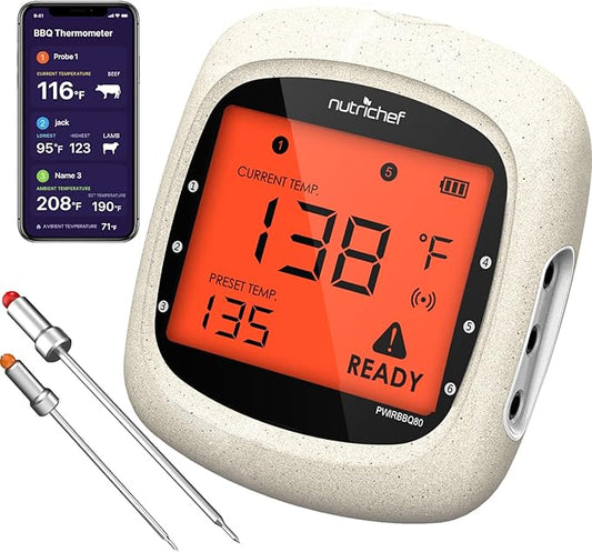 NutriChef Bluetooth Meat Thermometer for Grilling and Smoking, up to 6 Temperature Probes and Smart APP, 400 Ft Range, LCD