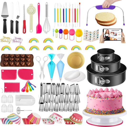700PCs Cake Decorating Kit with Baking Supplies - Cake Turntable for Decorating with Baking Pans, Leveler, 24 Numbered Piping Tips, 2 Spatulas, Fondant Tools, Video Course, Pattern Chart & More