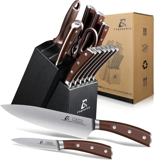 15 Piece Forged Triple Rivet Knife Block Set with Knife Sharpener, High Carbon Japanese Stainless Steel Kitchen Knives, Sharp Kitchen Knife Set with Block, Black-Brown