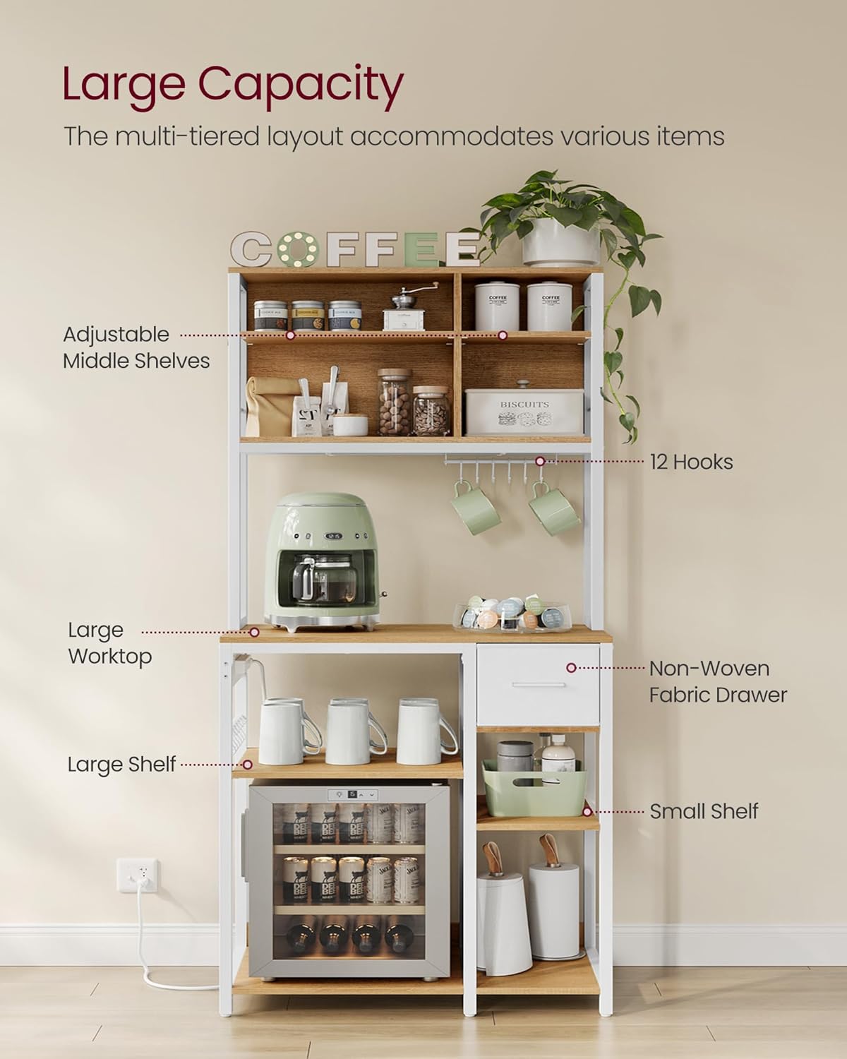 VASAGLE Bakers Rack with Charging Station, Coffee Bar with Adjustable Storage Shelves, Fabric Drawer, 12 Hooks, 15.7 x 31.5 x 71 Inches, Kitchen Microwave Stand, Golden Oak and Cloud White UKKS015Y03