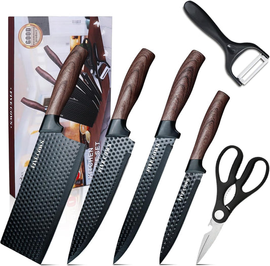 6 Pcs Kitchen Knife Block Set German High Carbon Stainless Steel Chef Knives, Razor-Sharp & Durable, Lightweight Anti-Slip Handle, Professional Set for Home & Kitchen (Brown 6 Piece)