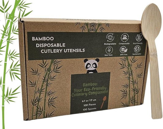 Bamboo Disposable & Compostable Spoons | Biodegradable | 6.7" Eco-Friendly Utensils | 100 Pack (Spoons)