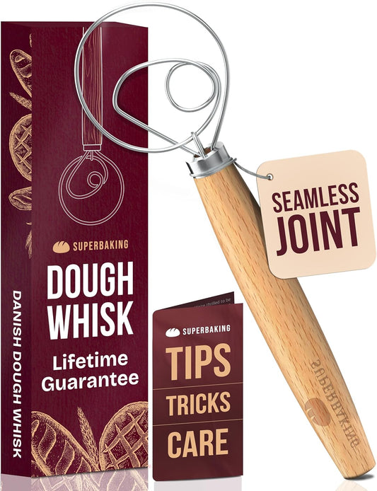 Superbaking Danish Dough Whisk - 12" Bread Whisk for Dough Mixing - Single Eye Design Sourdough Whisk - Sourdough Bread Baking Supplies - Bread Making Tools and Accessories - Ergonomic Wooden Handle
