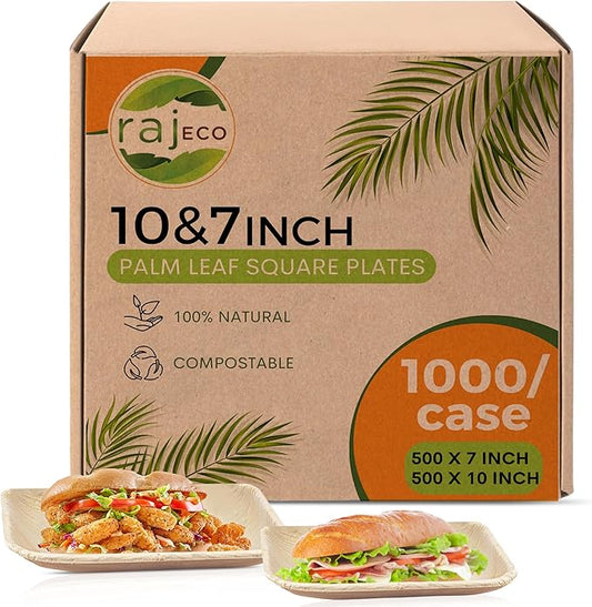 Raj Palm Leaf Plates Bulk [50-Pack] 10" & 7" Square Plates (20 CASES - 1000 PACK) like Bamboo plates Disposable, Strong, Decorative Compostable Tableware for weddings, Lunch, Dinners